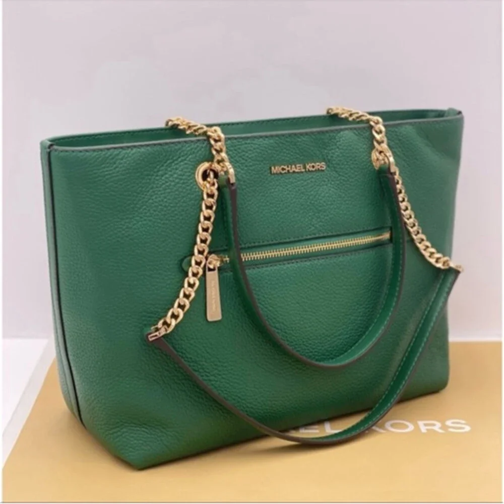 New Michael Kors Medium Front Zip Chain Tote Bag Leather JEWEL GREEN